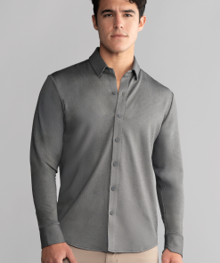 Long Sleeve Button Down Polo in Herringbone // Charcoal