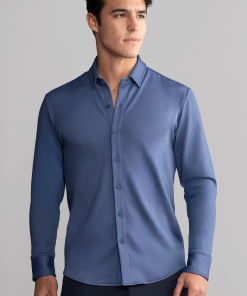 Long Sleeve Button Down Polo in Herringbone // Navy